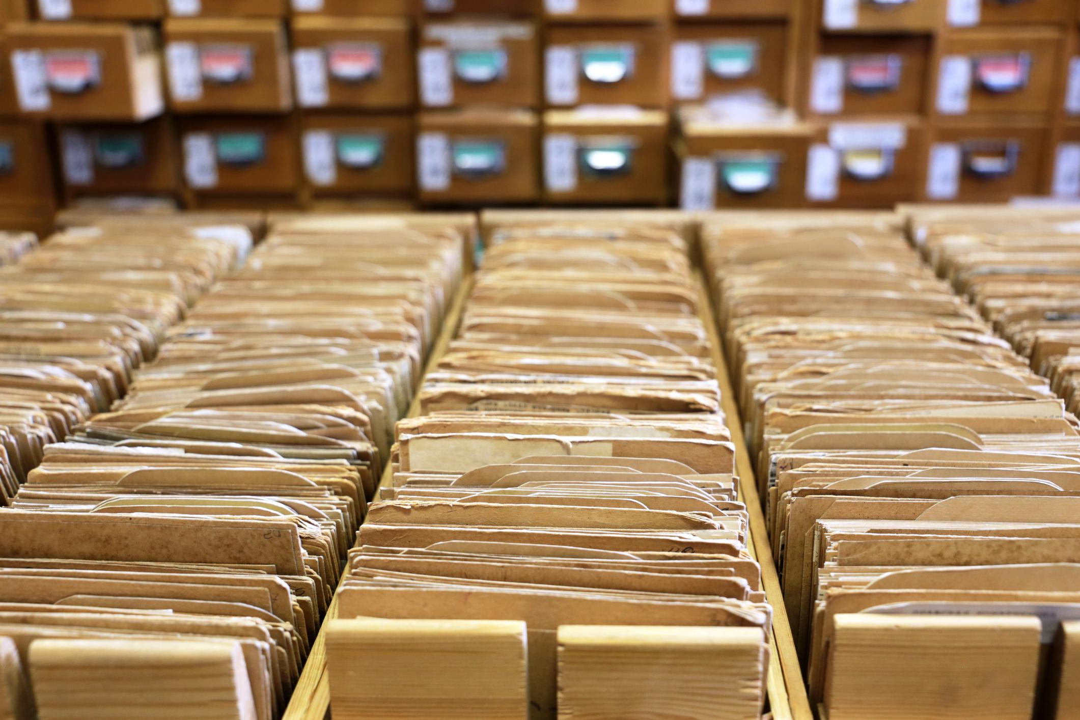 Library catalogue cards in old wooden box