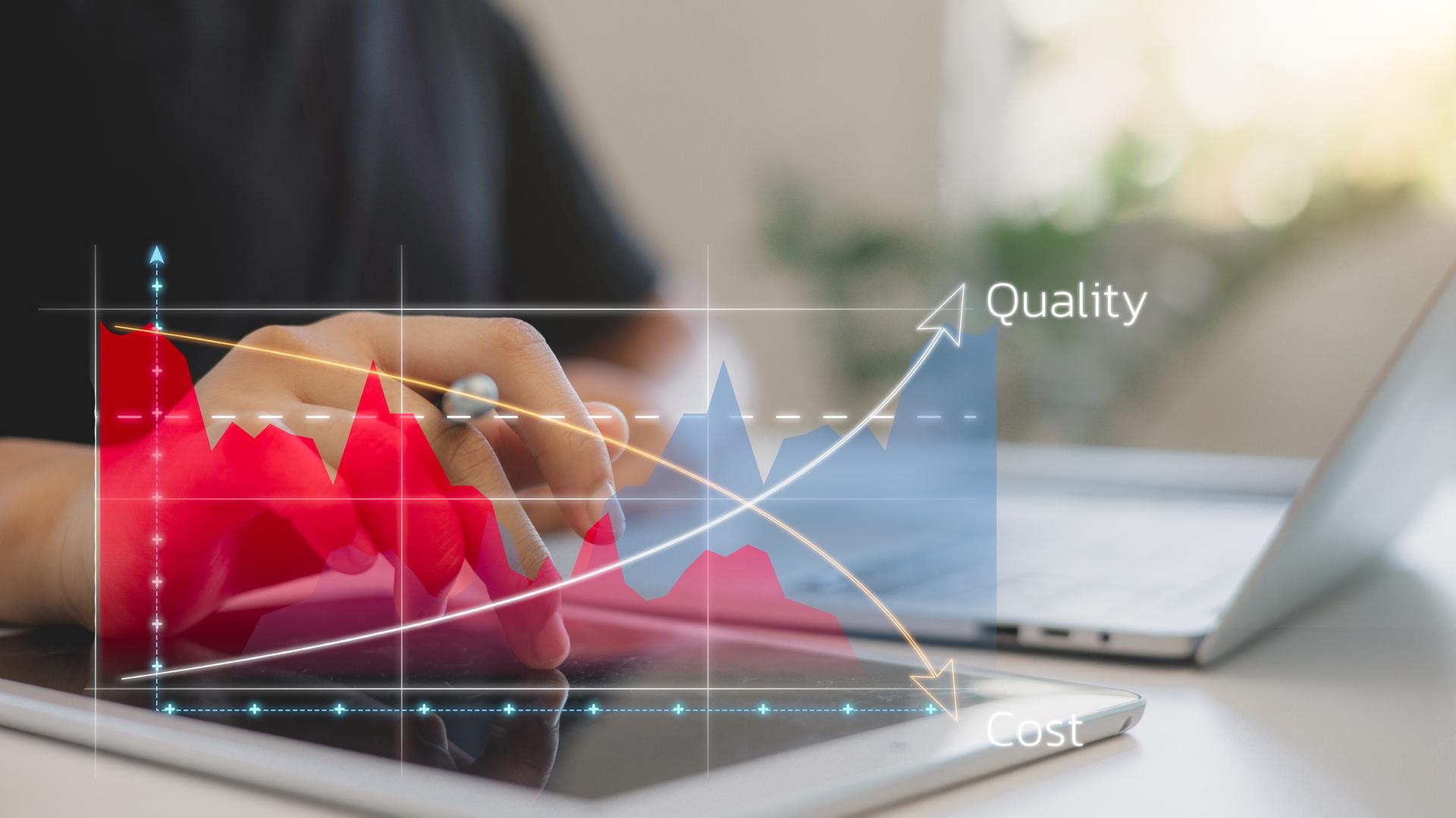 Businessmen with quality control growth graph and cost reduction, control budget cost and improvement. Cost and quality control, business strategy, and project management concepts.
