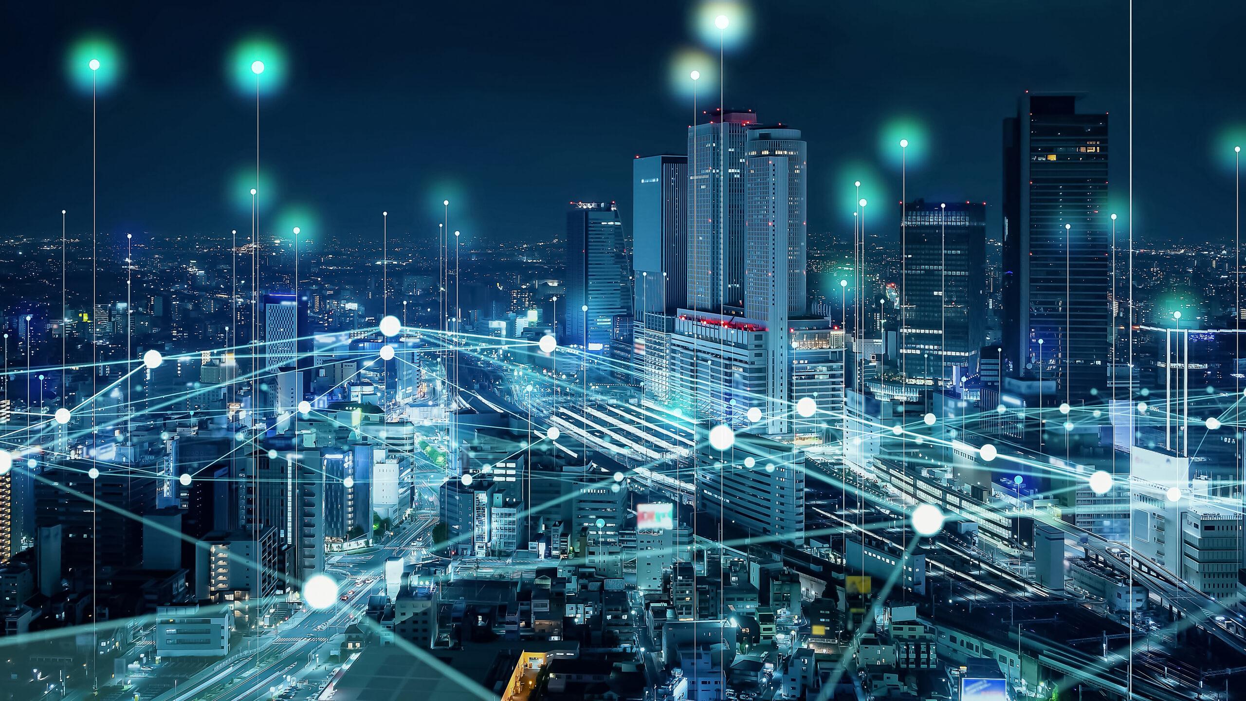 Smart city and communication network concept. 5G. IoT (Internet of Things). Telecommunication.